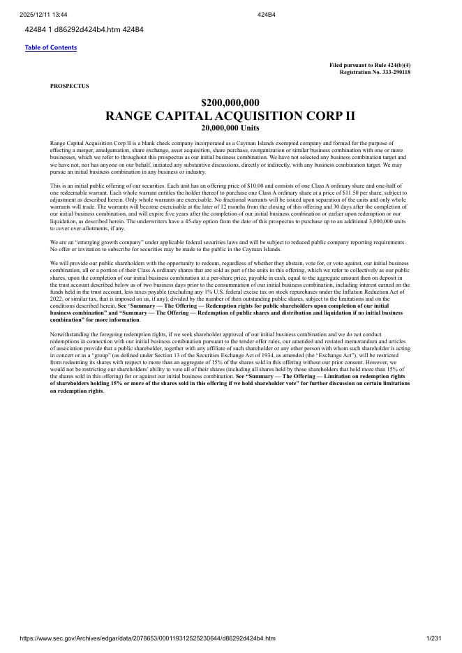 Range Capital Acquisition Corp II美股纳斯达克IPO上市招股说明书