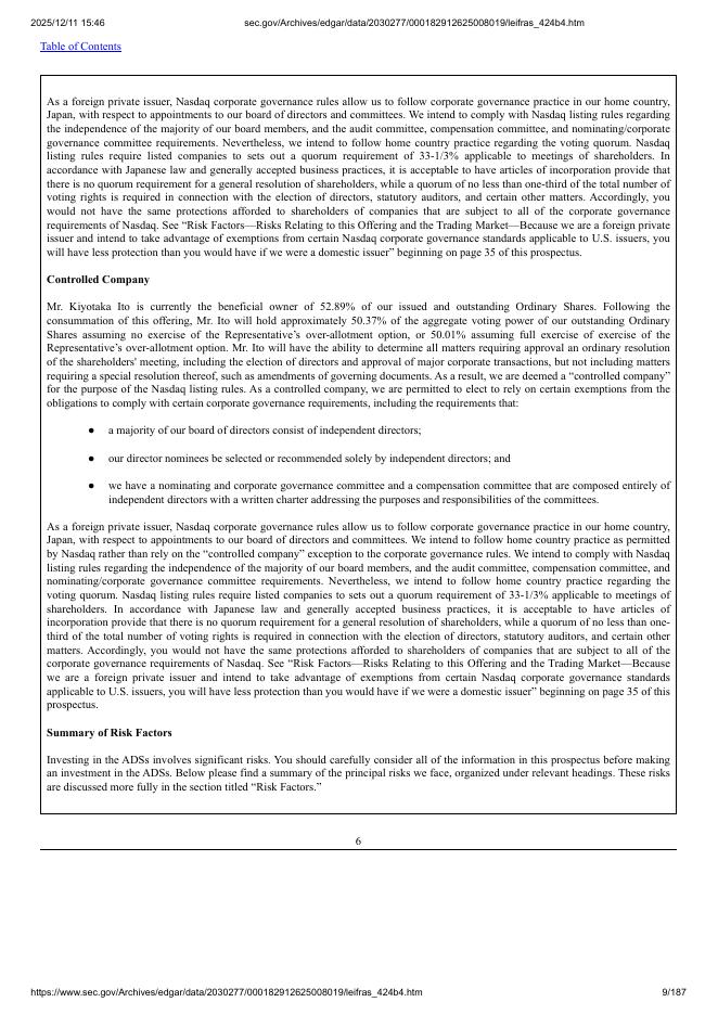 Leifras Co., Ltd.美股纳斯达克IPO上市招股说明书_第9页