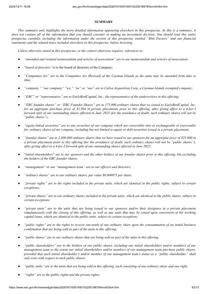 Calisa Acquisition Corp美股纳斯达克IPO上市招股说明书_第8页