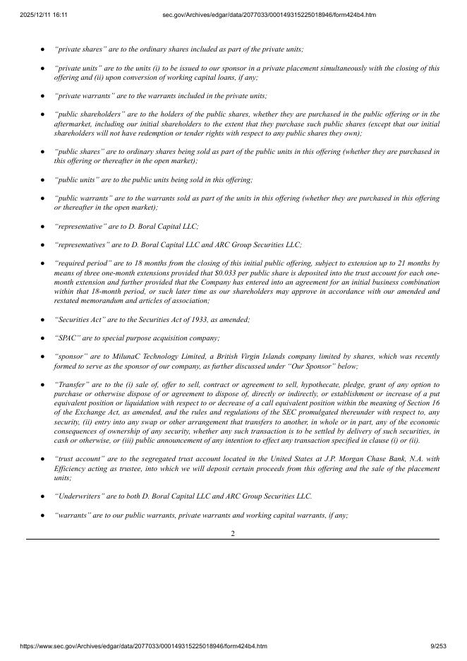 Miluna Acquisition Corp美股纳斯达克IPO上市招股说明书_第9页