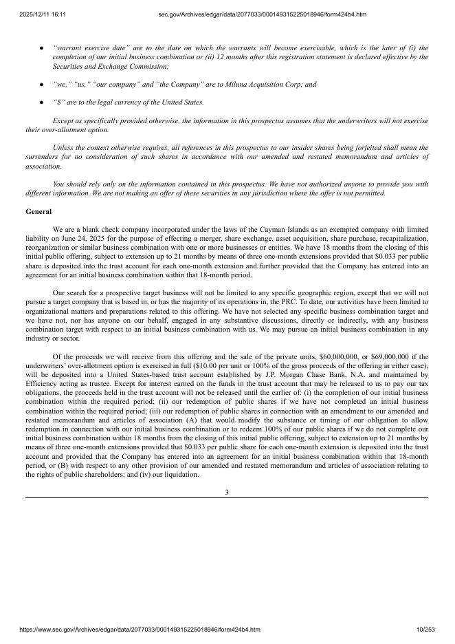 Miluna Acquisition Corp美股纳斯达克IPO上市招股说明书_第10页