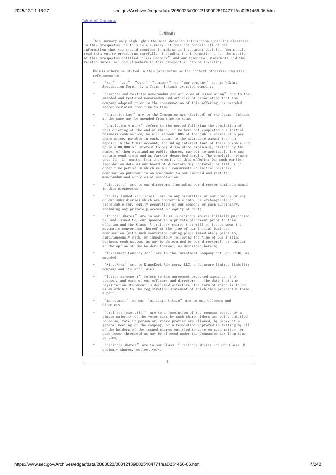 Viking Acquisition Corp. I纽约证券交易所IPO上市招股说明书_第7页