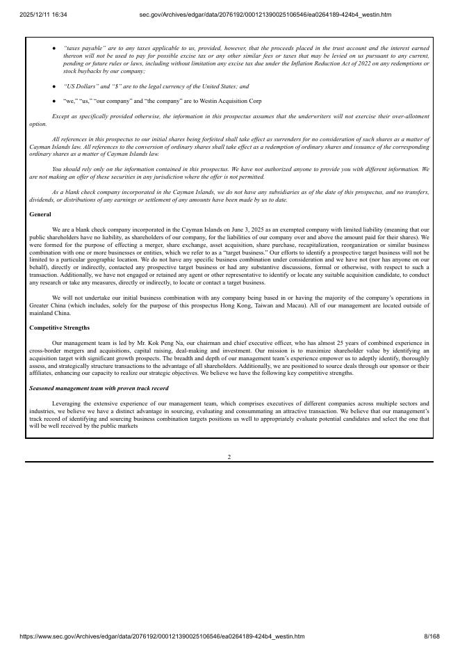 Westin Acquisition Corp美股纳斯达克IPO上市招股说明书_第8页