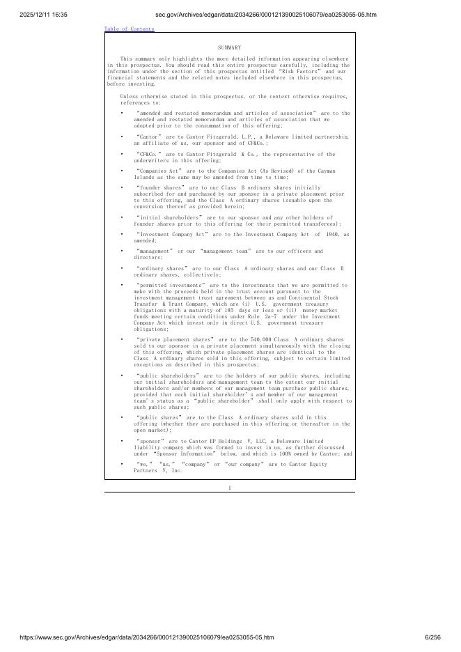 Cantor Equity Partners V, Inc.美股纳斯达克IPO上市招股说明书_第6页