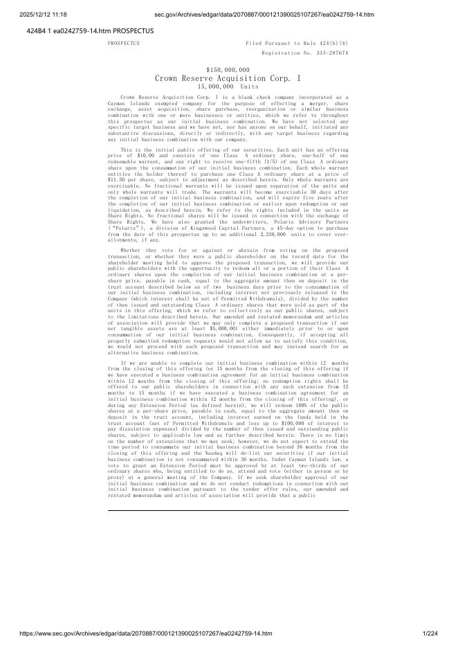 Crown Reserve Acquisition Corp. I美股纳斯达克IPO上市招股说明书海报