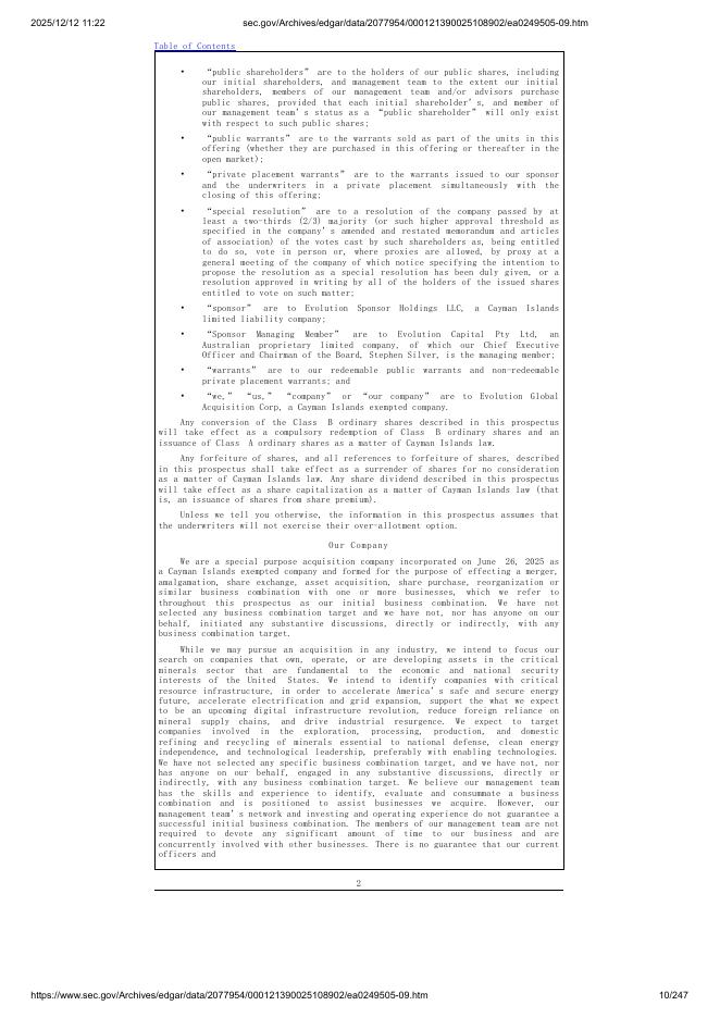 Evolution Global Acquisition Corp美股纳斯达克IPO上市招股说明书_第10页