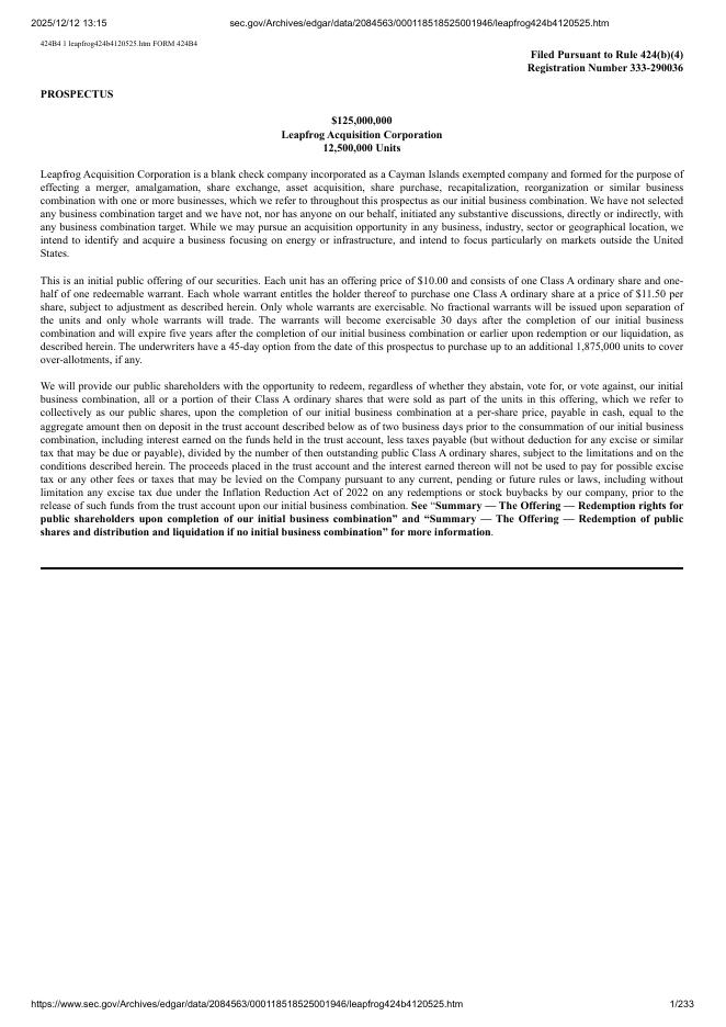 Leapfrog Acquisition Corporation美股纳斯达克IPO上市招股说明书海报