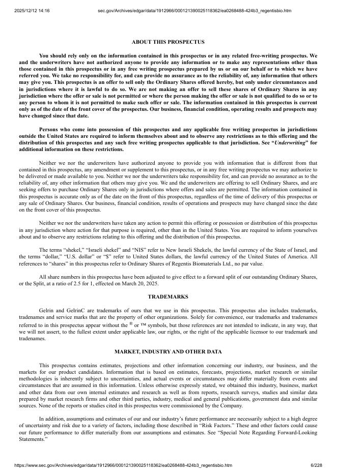 Regentis Biomaterials Ltd.纽约证券交易所美国板块IPO上市招股说明书_第6页
