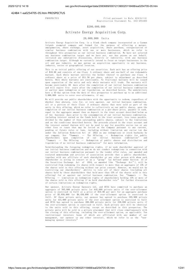 Activate Energy Acquisition Corp.美股纳斯达克IPO上市招股说明书海报