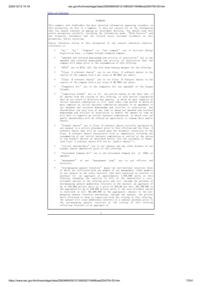Activate Energy Acquisition Corp.美股纳斯达克IPO上市招股说明书_第7页