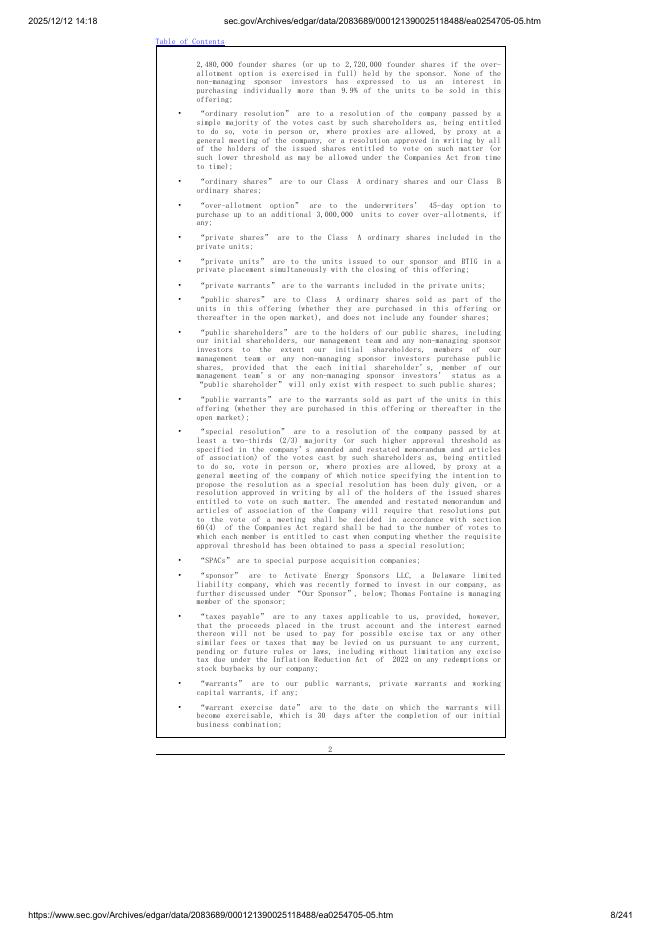 Activate Energy Acquisition Corp.美股纳斯达克IPO上市招股说明书_第8页