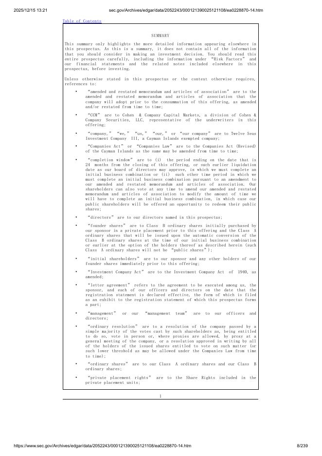 Twelve Seas Investment Company III美股纳斯达克IPO上市招股说明书_第8页