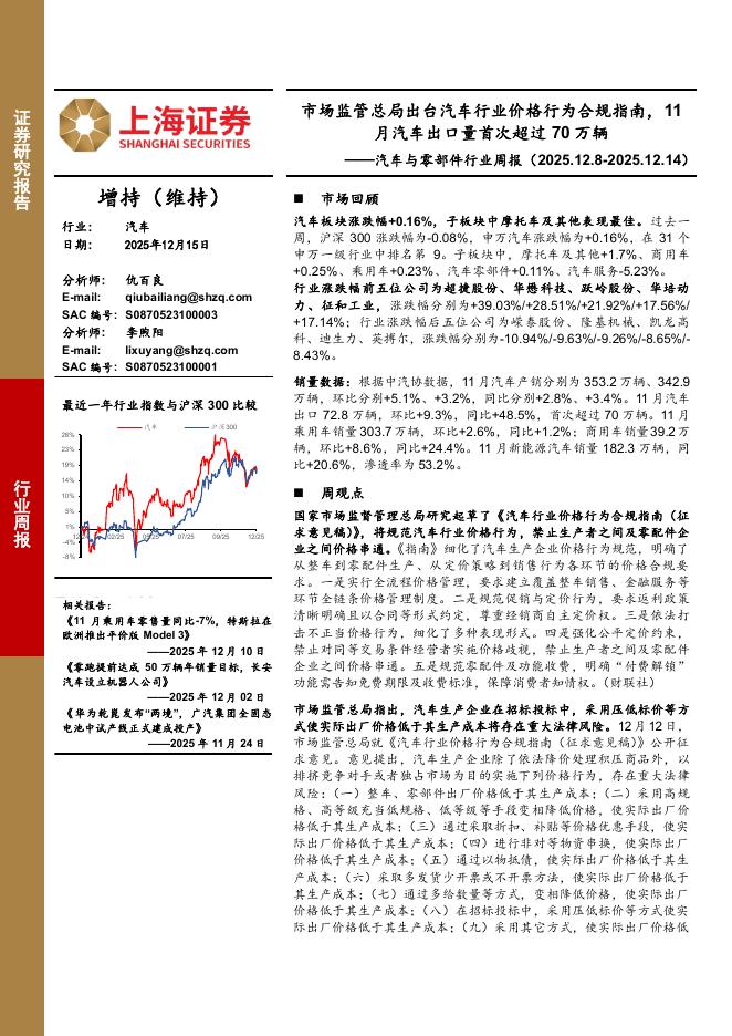 上海证券：汽车与零部件行业周报：市场监管总局出台汽车行业价格行为合规指南，11月汽车出口量首次超过70万辆海报