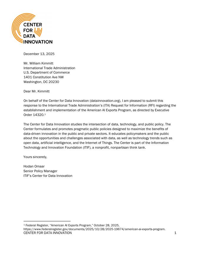 ITIF：2025年关于美国人工智能出口计划的国际贸易管理局意见b报告（英文版）_第1页