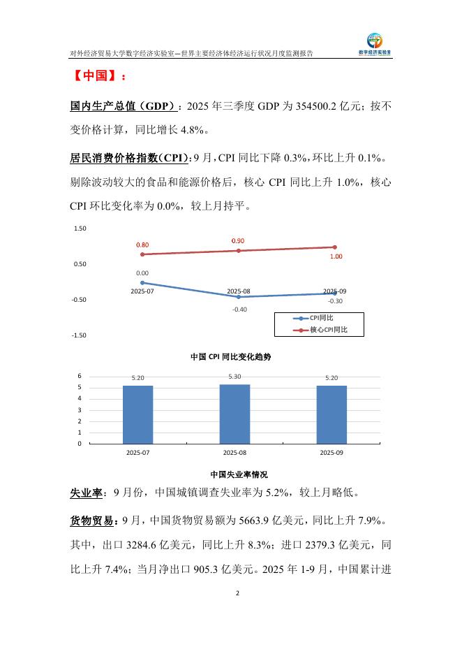 对外经济贸易大学：世界主要经济体经济运行状况月度监测报告（2025年9月）_第2页