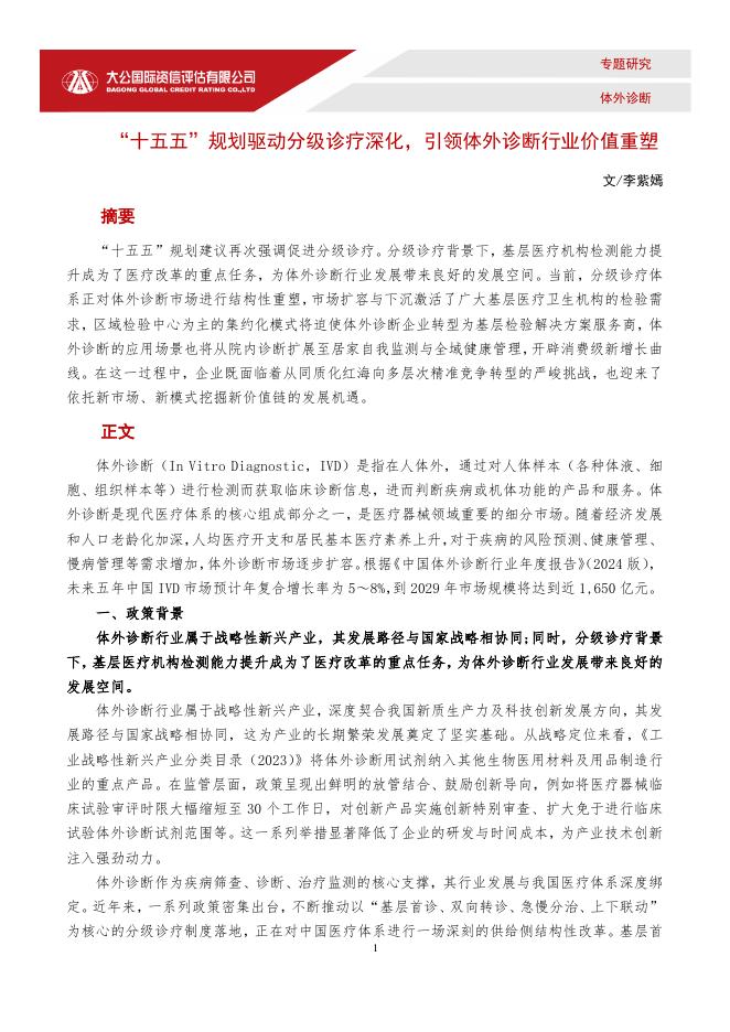 大公国际资信评估有限公司：2025年“十五五”规划驱动分级诊疗深化，引领体外诊断行业价值重塑报告海报