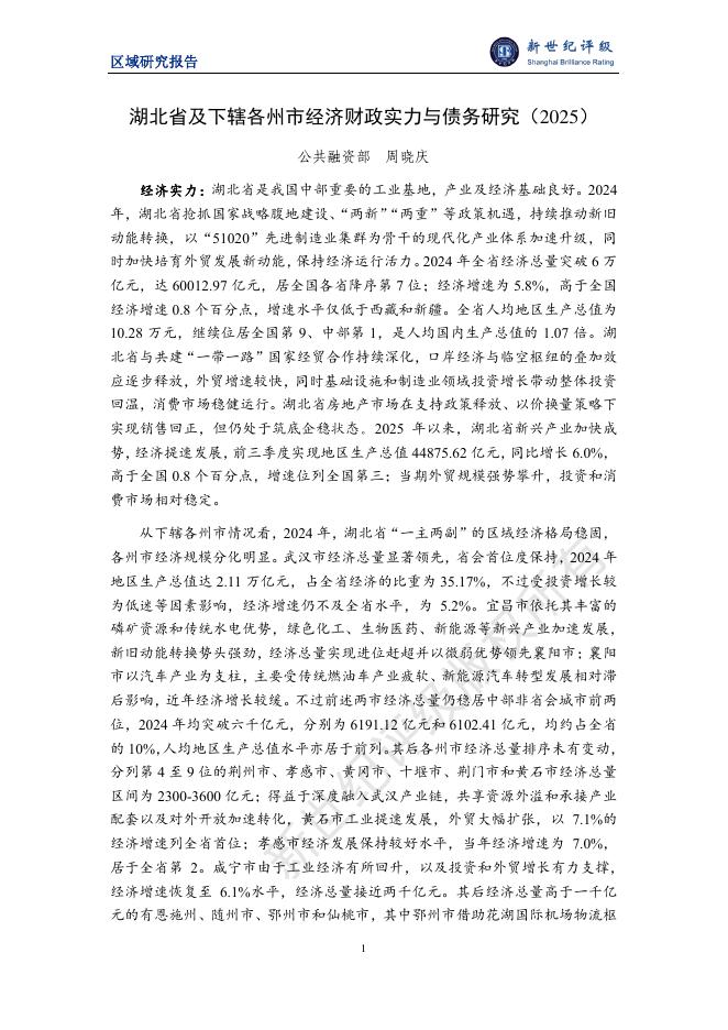 新世纪评级：湖北省及下辖各州市经济财政实力与债务研究（2025）