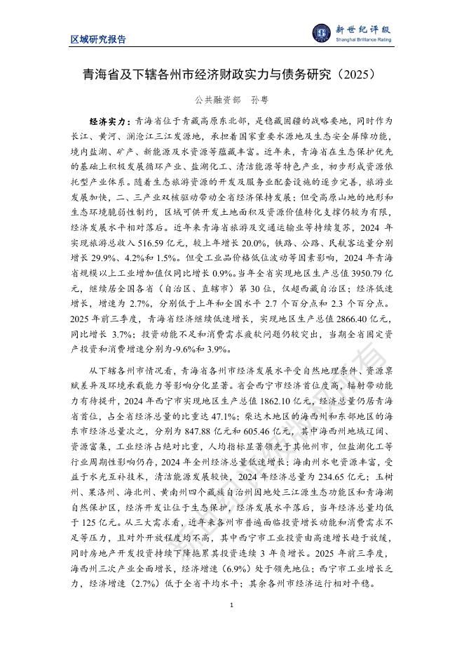 新世纪评级：青海省及下辖各州市经济财政实力与债务研究（2025）海报