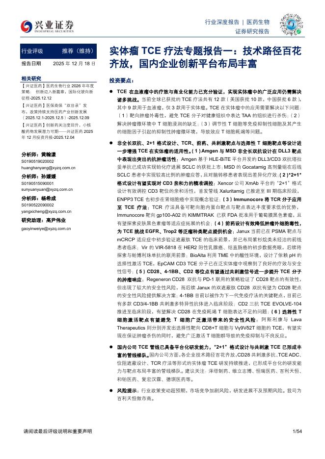 兴业证券：实体瘤TCE疗法专题报告一：技术路径百花齐放，国内企业创新平台布局丰富海报