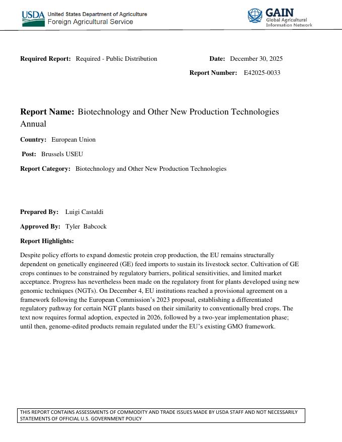 美国农业部（USDA）：2025年欧盟生物技术及其他新型生产技术年度报告（英文版）海报