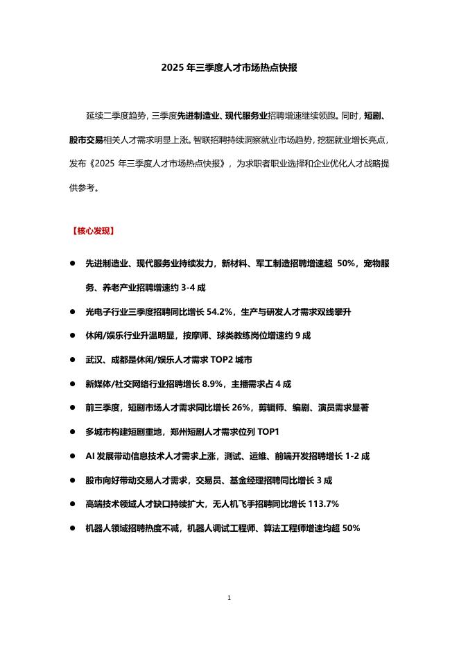 智联招聘：2025年三季度人才市场热点快报海报