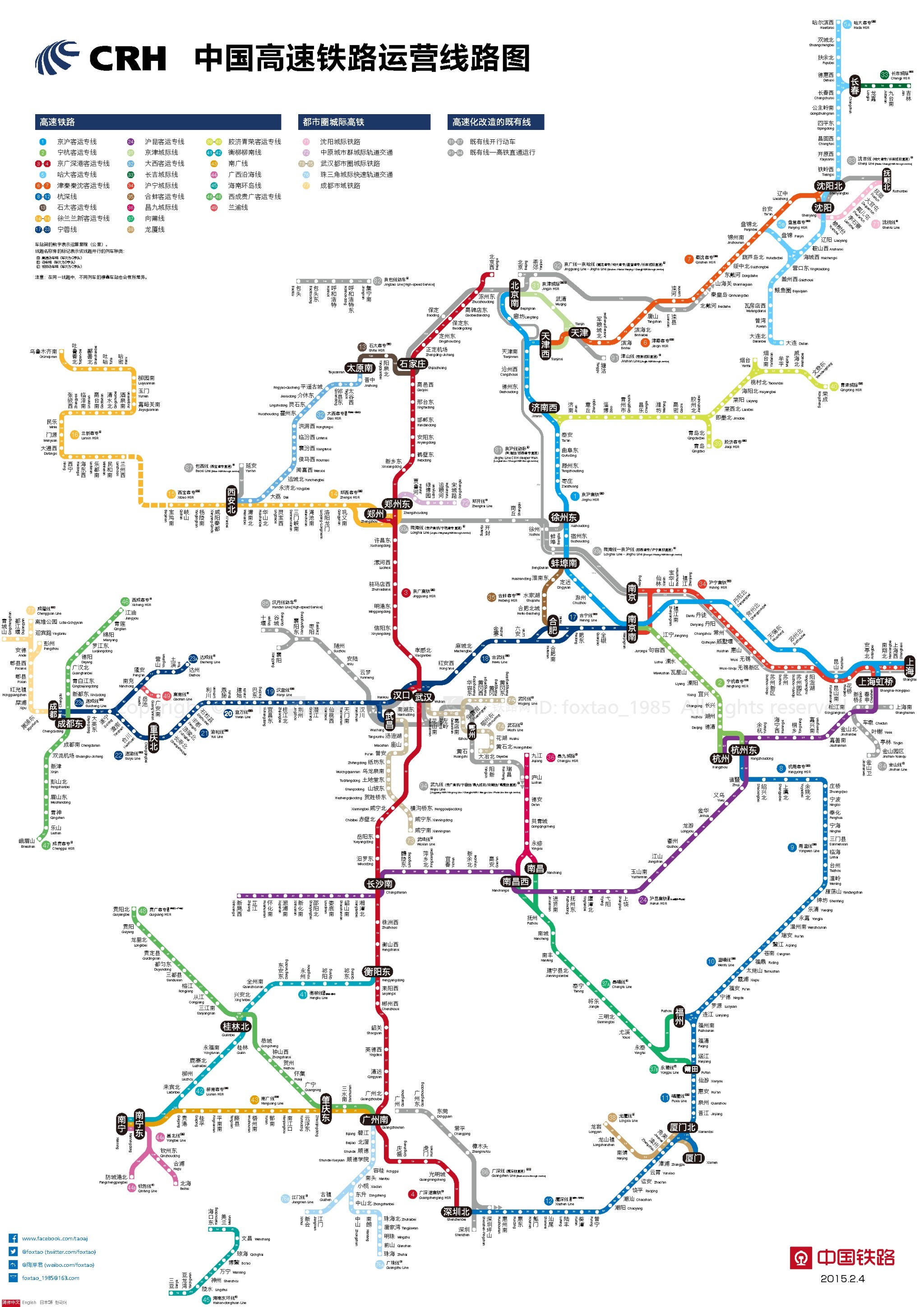 物流必读：2015版中国高铁运营94条(高铁动车城际)线路图