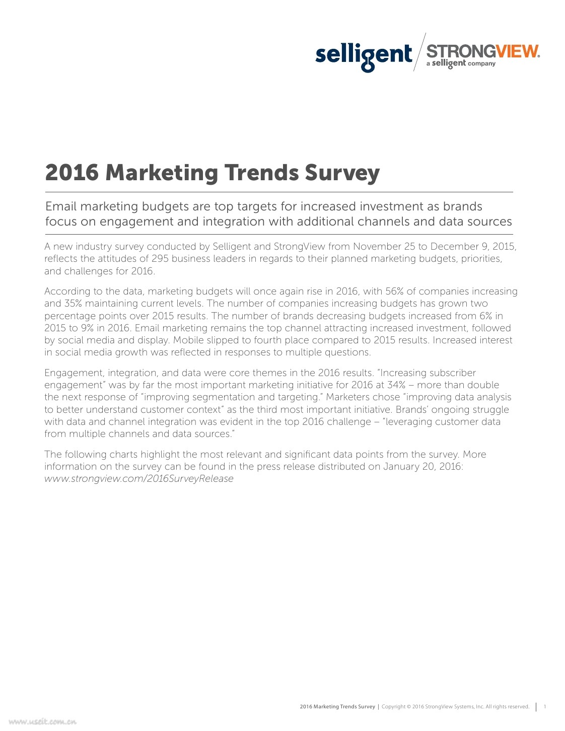 Selligent&StrongView：2016年营销趋势调查报告（英文版）