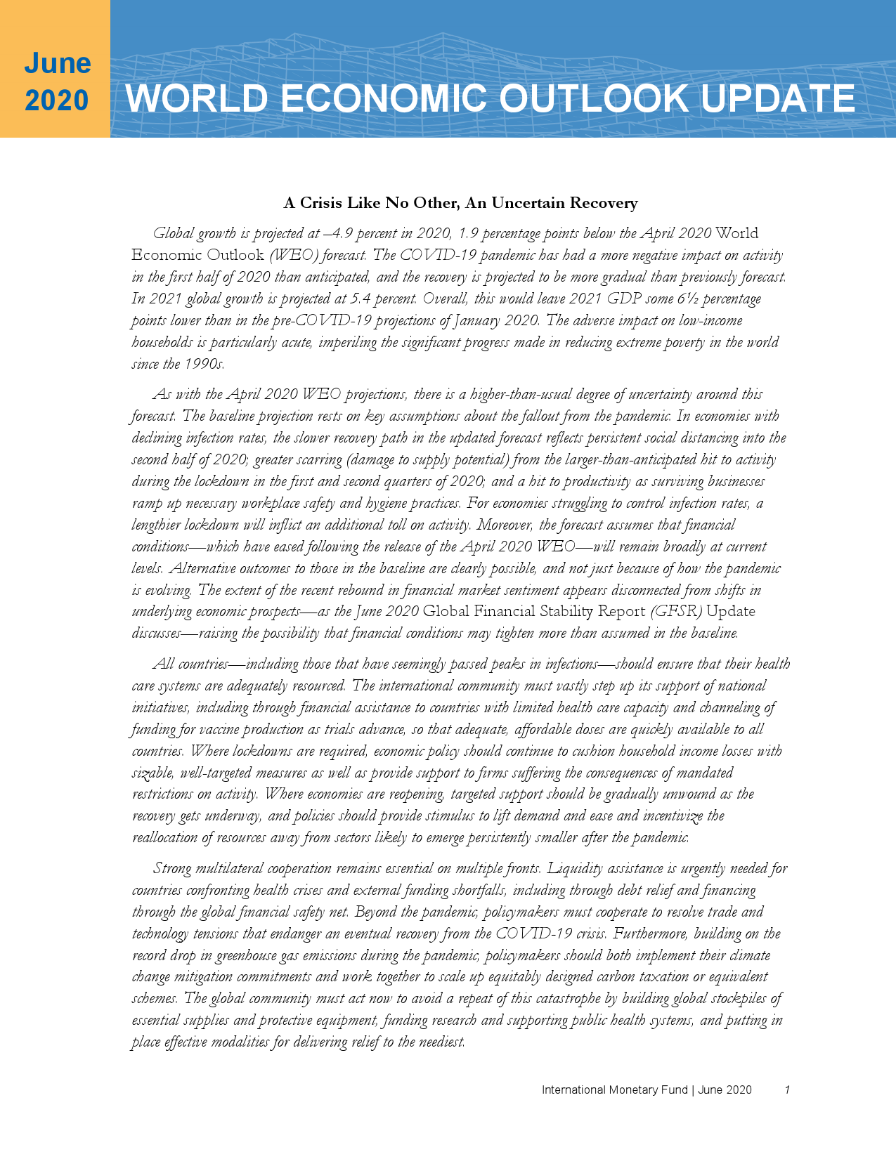 国际货币基金组织：2020年6月世界经济展望报告（英文版）