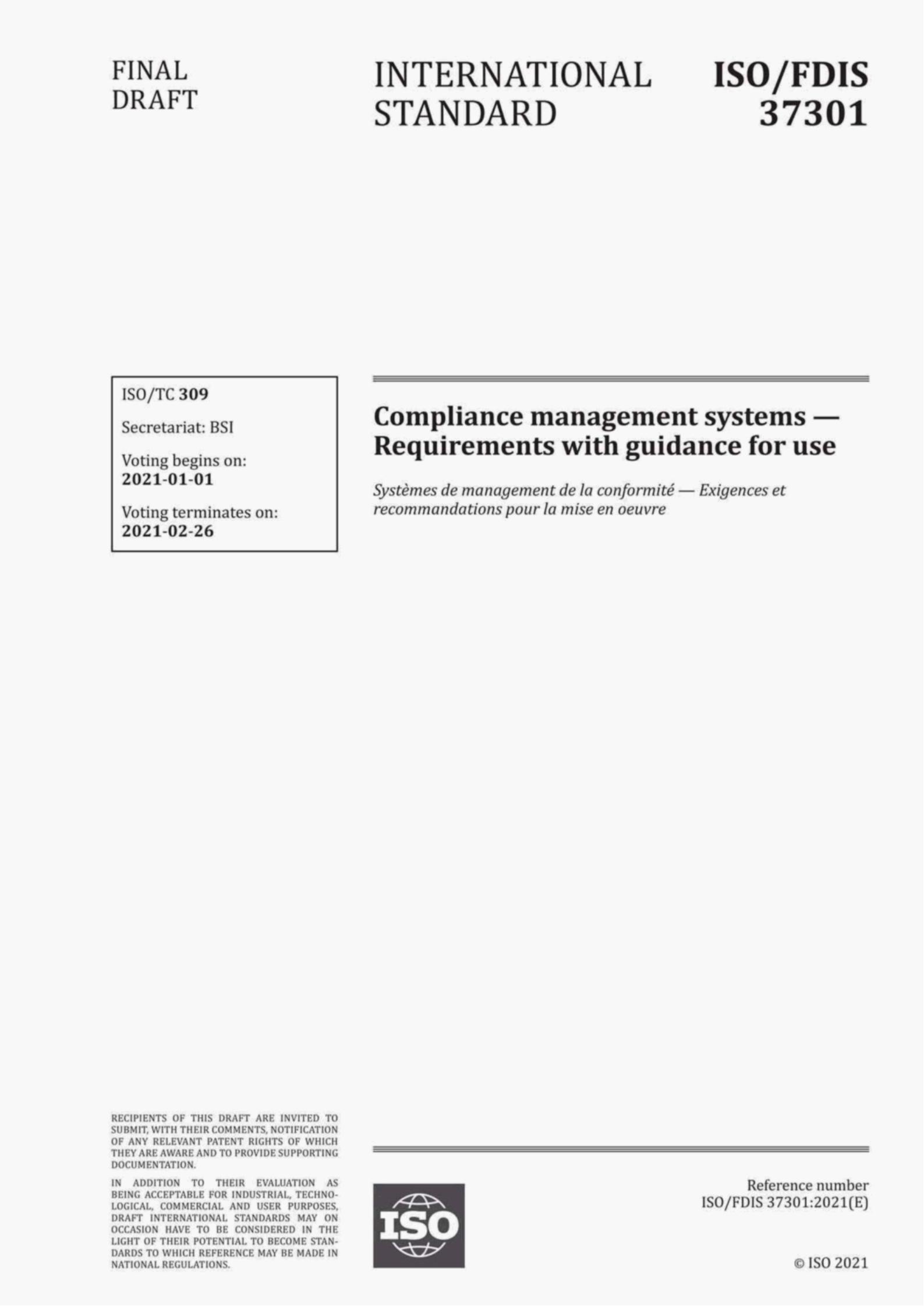 ISO/FDIS 37301:2021(E)Compliance management systems – Requirements withguidance for use