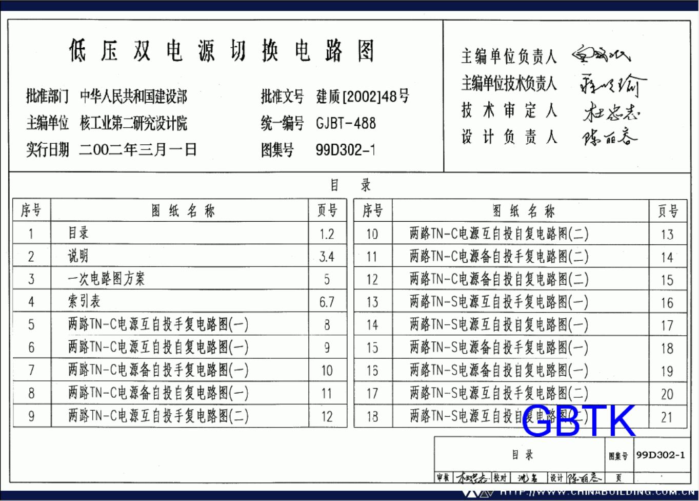 99D302-1～3 双电源切换及母线分段控制接线图（2002年合订本图集）