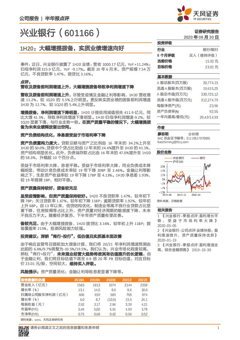 天风证券：兴业银行（601166）-1H20：大幅增提拨备，实质业绩增速向好