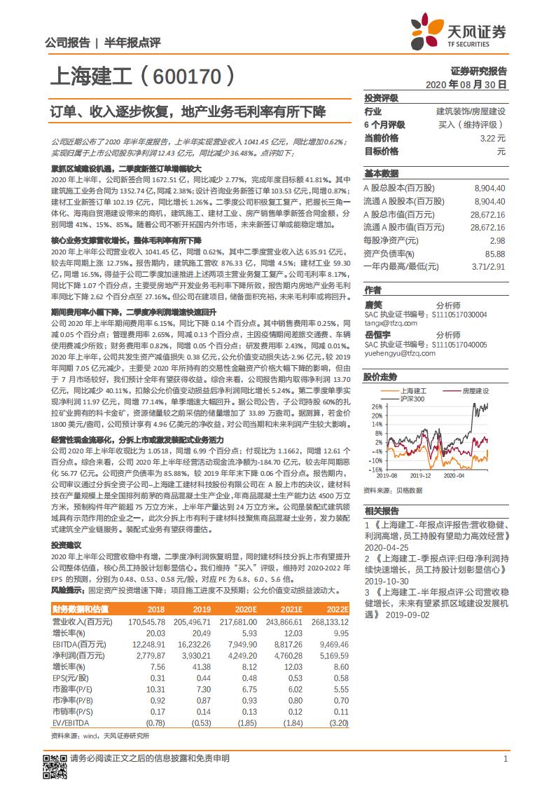 天风证券：上海建工（600170）-订单、收入逐步恢复，地产业务毛利率有所下降