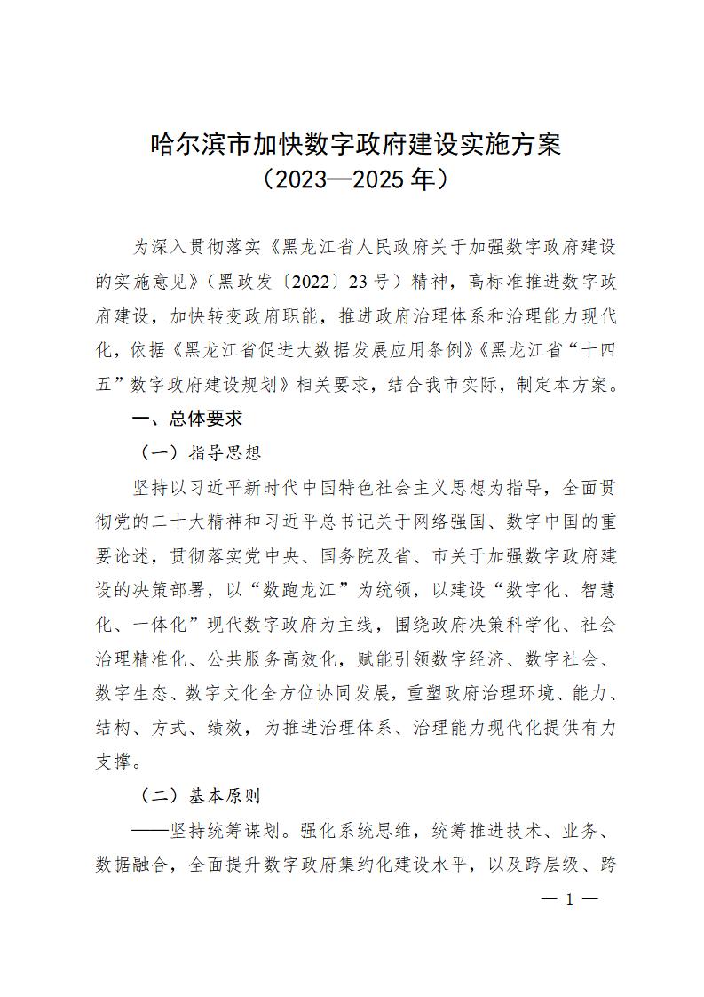 哈尔滨市加快数字政府建设实施方案（2023—2025年）