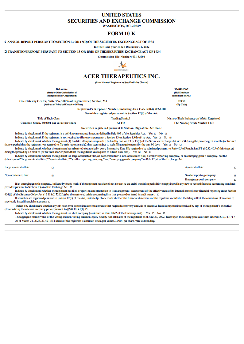 Acer Therapeutics Inc.（ACER）2022财年年度报告（英文版）
