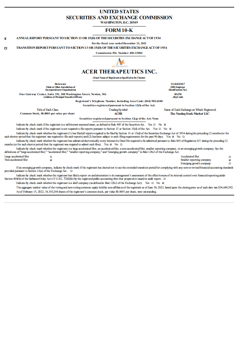 Acer Therapeutics Inc.（ACER）2021财年年度报告（英文版）