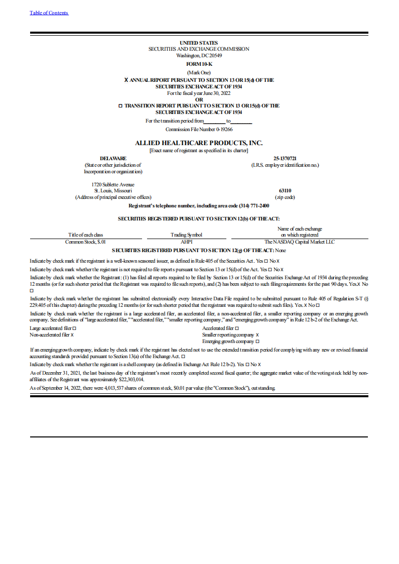 Allied Healthcare Products, Inc.（AHPI）2022财年年度报告（英文版）