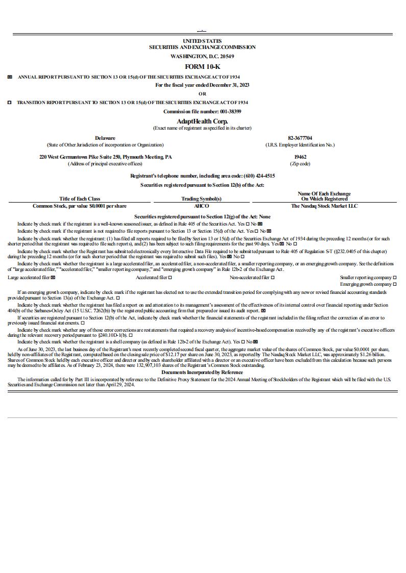 AdaptHealth Corp.（AHCO）2023财年年度报告（英文版）