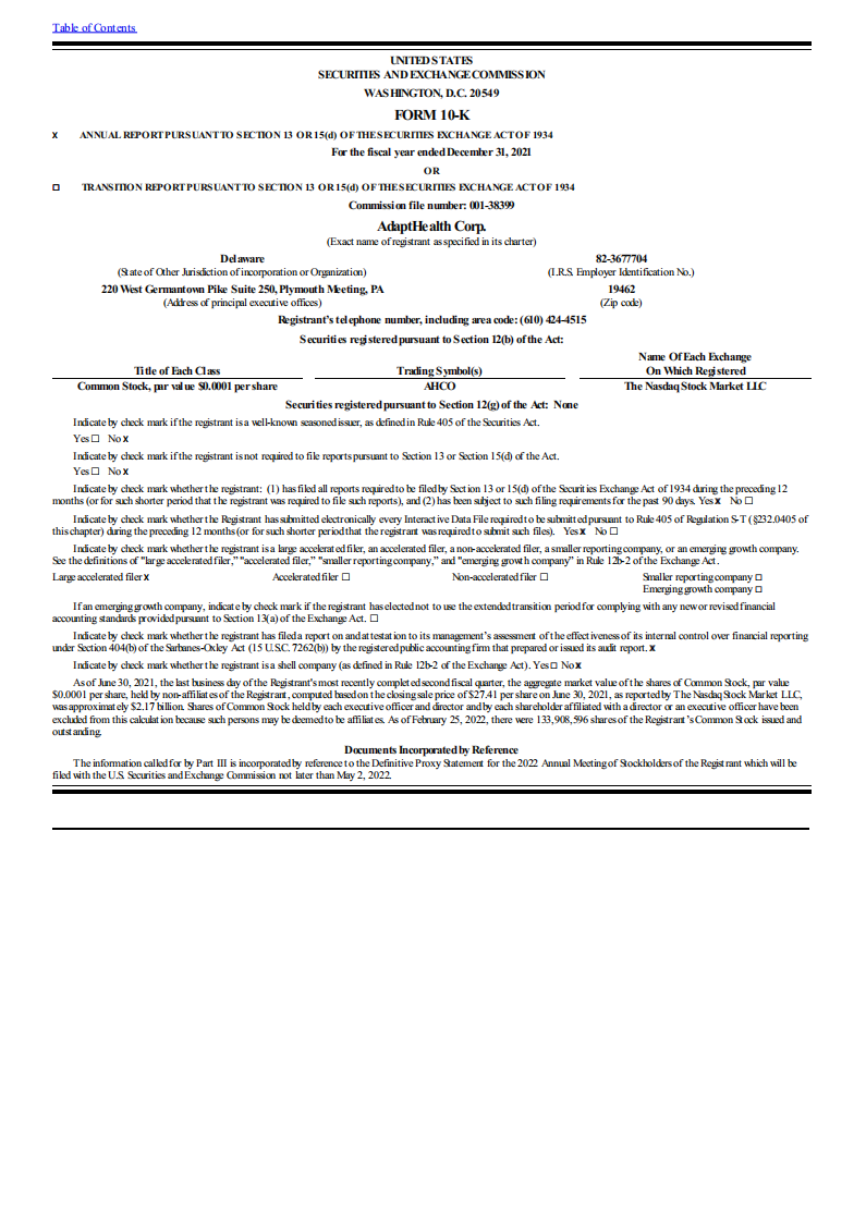 AdaptHealth Corp.（AHCO）2021财年年度报告（英文版）