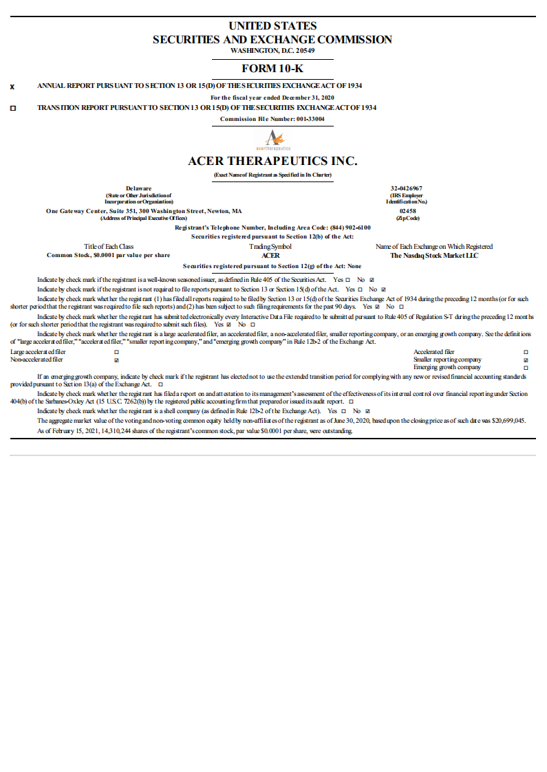 Acer Therapeutics Inc.（ACER）2020财年年度报告（英文版）