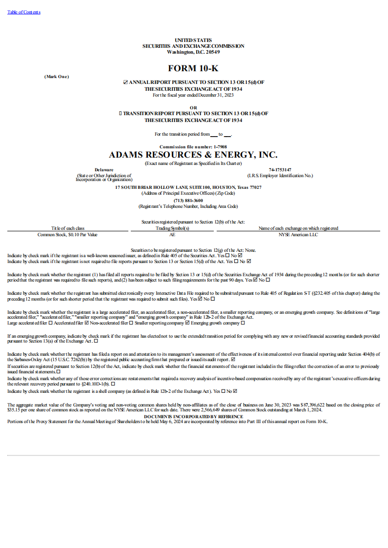 Adams Resources & Energy Inc.（AE）2023财年年度报告（英文版）