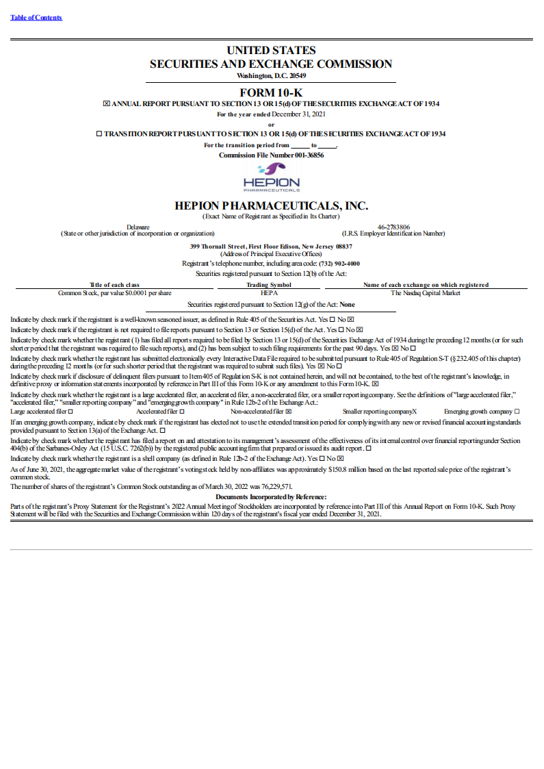 Hepion Pharmaceuticals,Inc.（HEPA）2021财年年度报告（英文版）