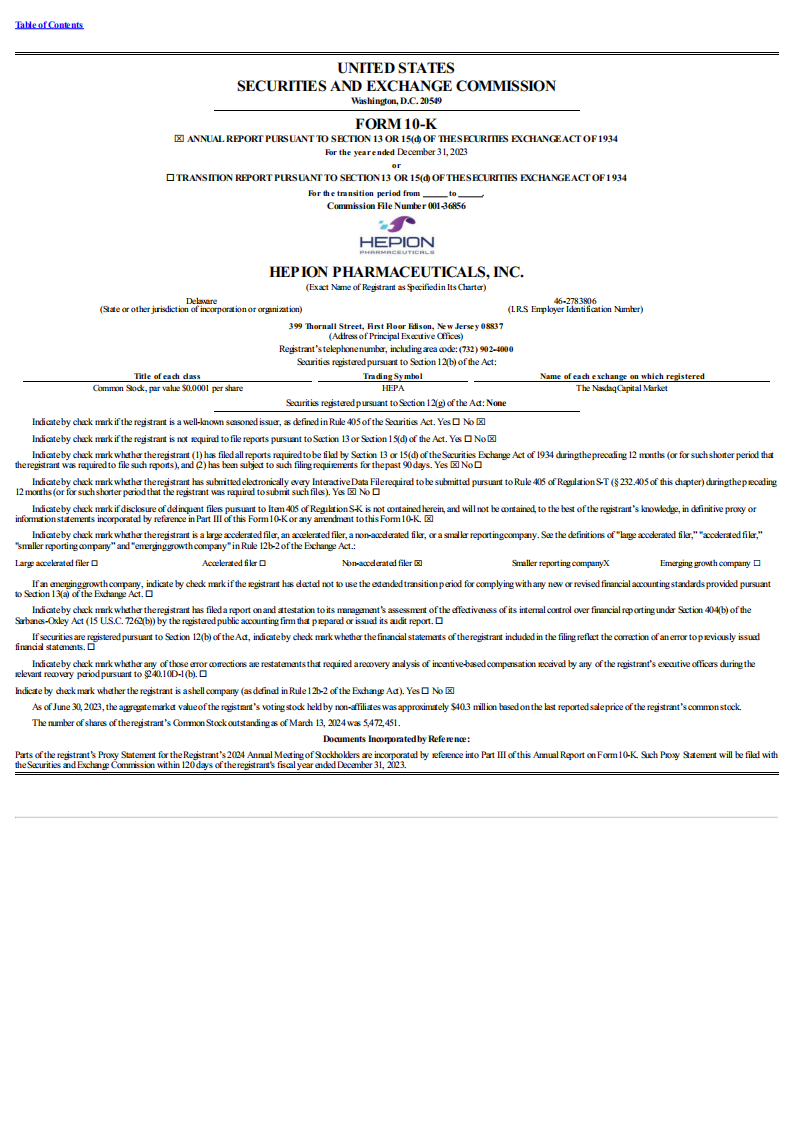 Hepion Pharmaceuticals,Inc.（HEPA）2023财年年度报告（英文版）