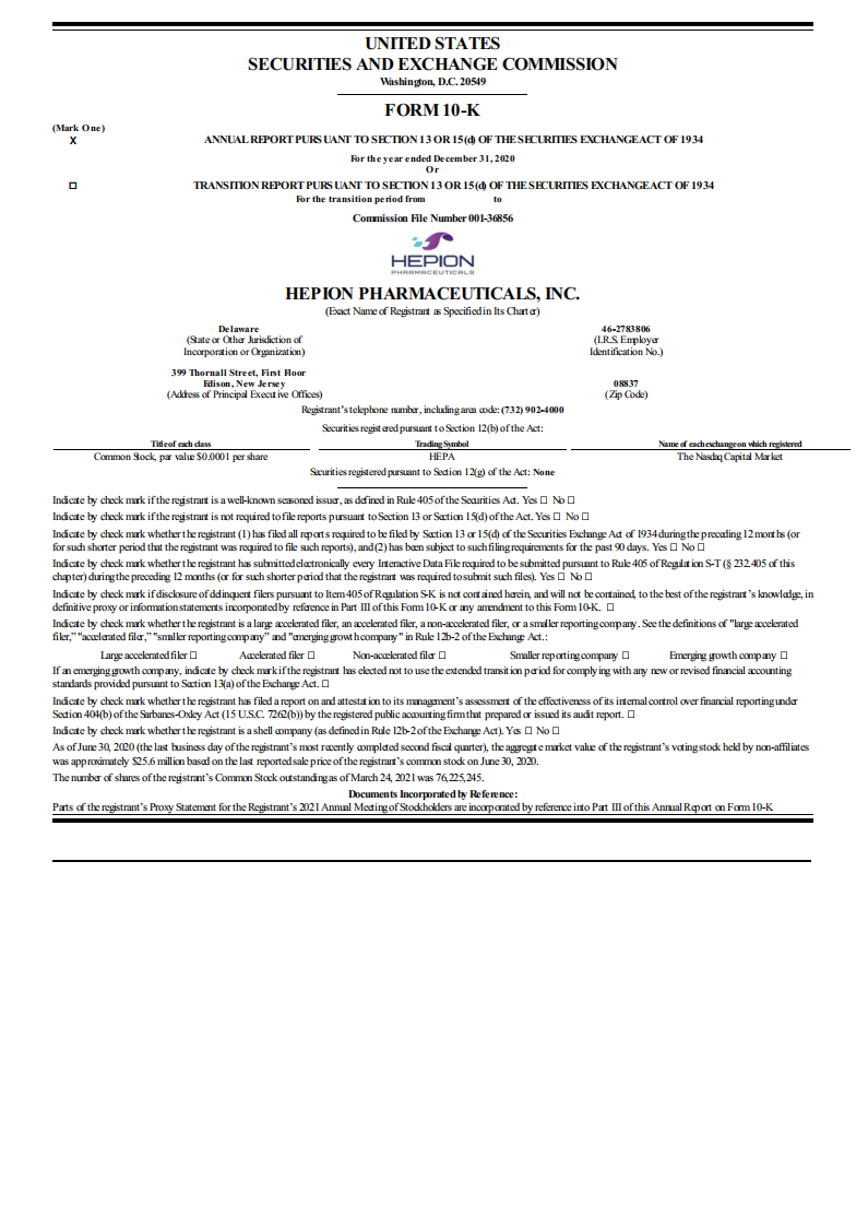 Hepion Pharmaceuticals,Inc.（HEPA）2020财年年度报告（英文版）