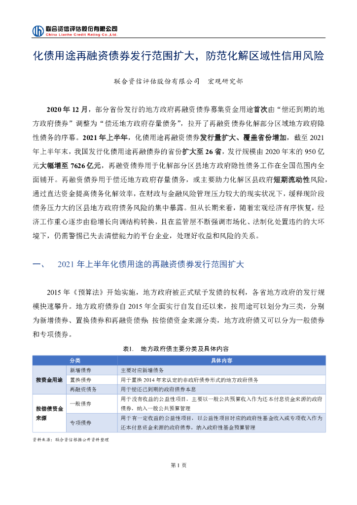 联合智评：化债用途再融资债券发行范围扩大，防范化解区域性信用风险