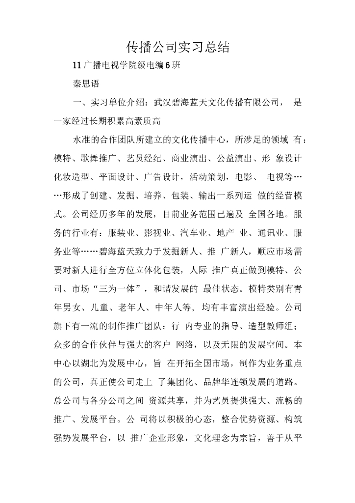 传播公司实习总结
