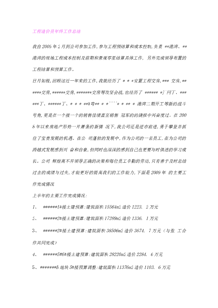 工程造价员年终工作总结