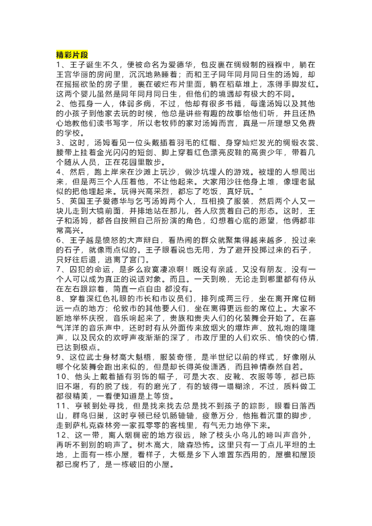 20《王子与贫儿》精彩片段+读后感