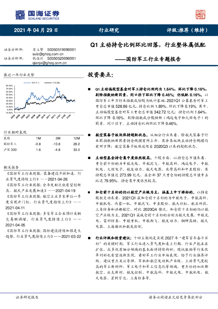 国海证券：国防<em>军工</em>行业专题报告：Q1主动持仓比例环比回落，行业整体属低配 海报