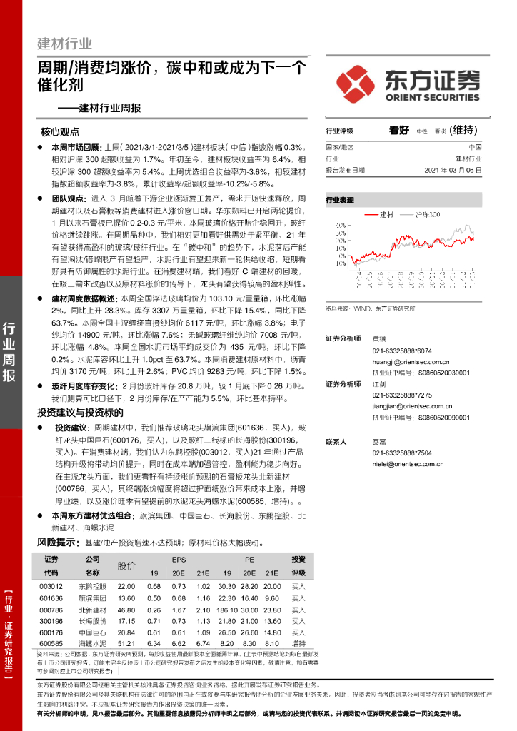 东方证券：建材行业周报：周期/消费均涨价，<em>碳中和</em>或成为下一个催化剂 海报