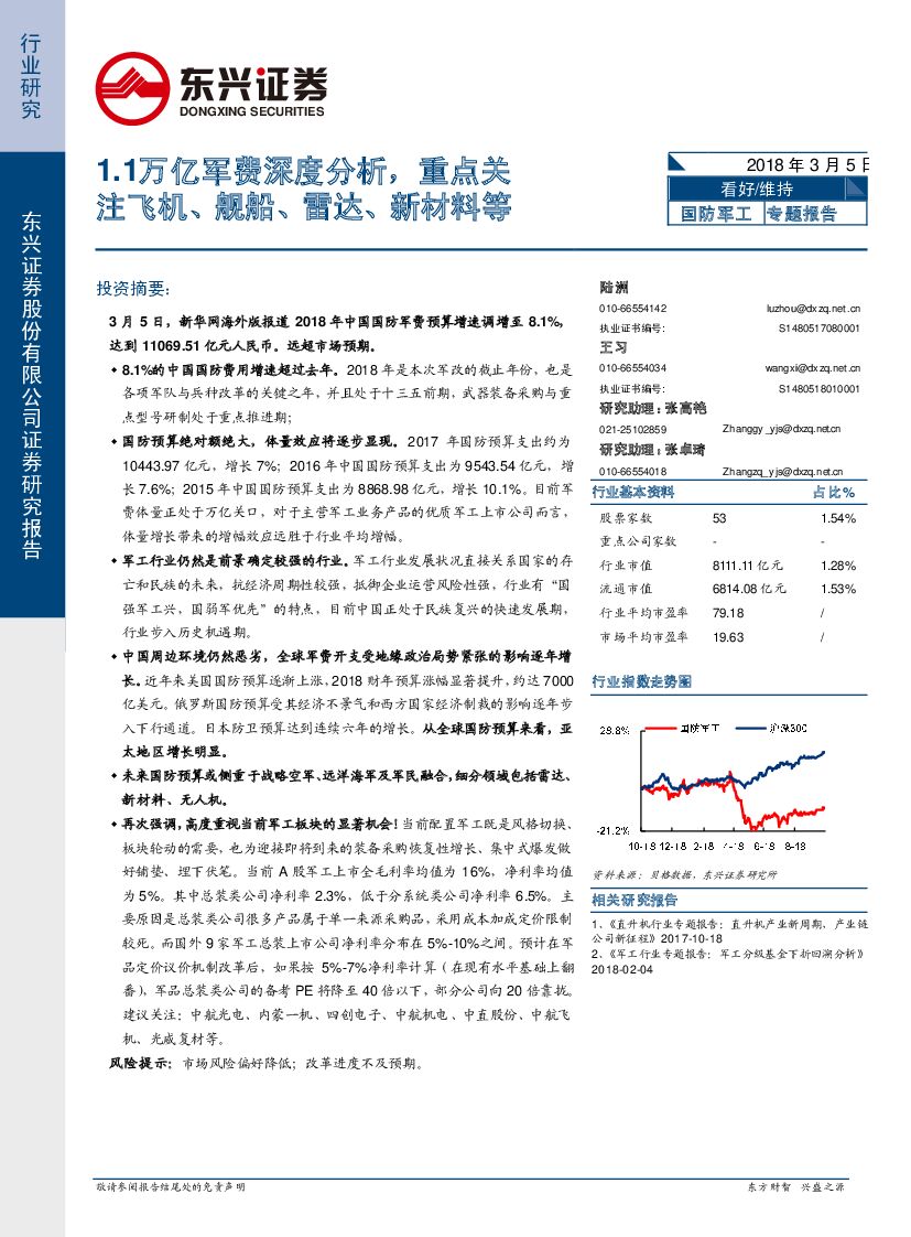 东兴证券：国防军工：1.1万亿军费深度分析，重点关注飞机、舰船、雷达、新材料等